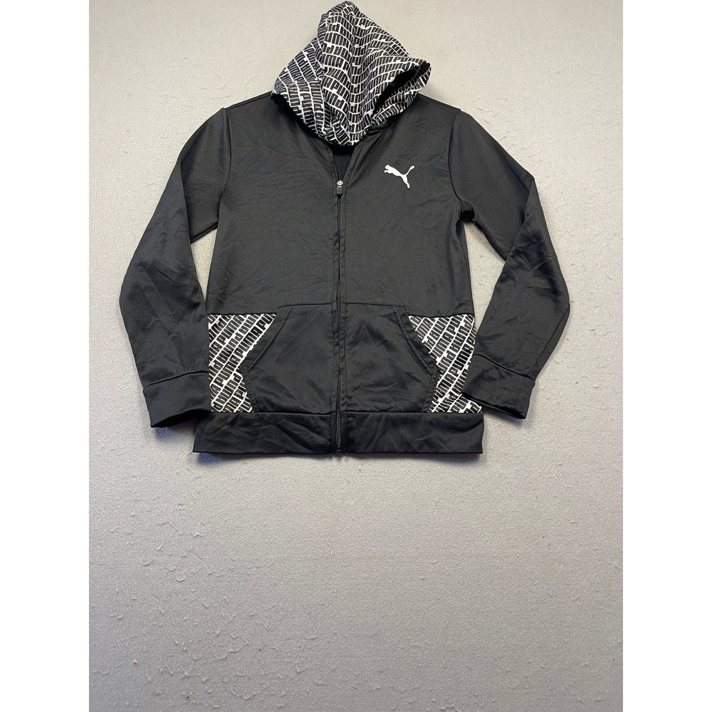 PUMA Full Zip Hoodie Polyester Black Graphic Print Medium 10-12 Boys